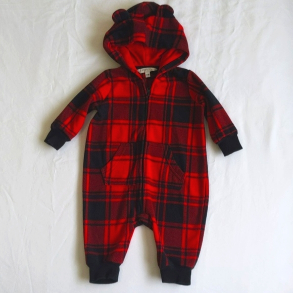 george red plaid fleece zipper jumpsuit with hood 3-6 months baby unisex - Picture 1 of 7